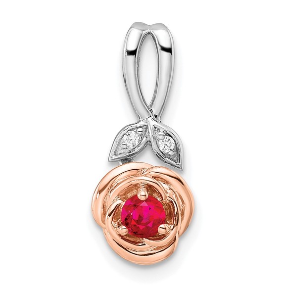 14K Two-tone White & Rose Red Ruby & Diamond Flower Necklace Charm Pendant - Picture 1 of 4